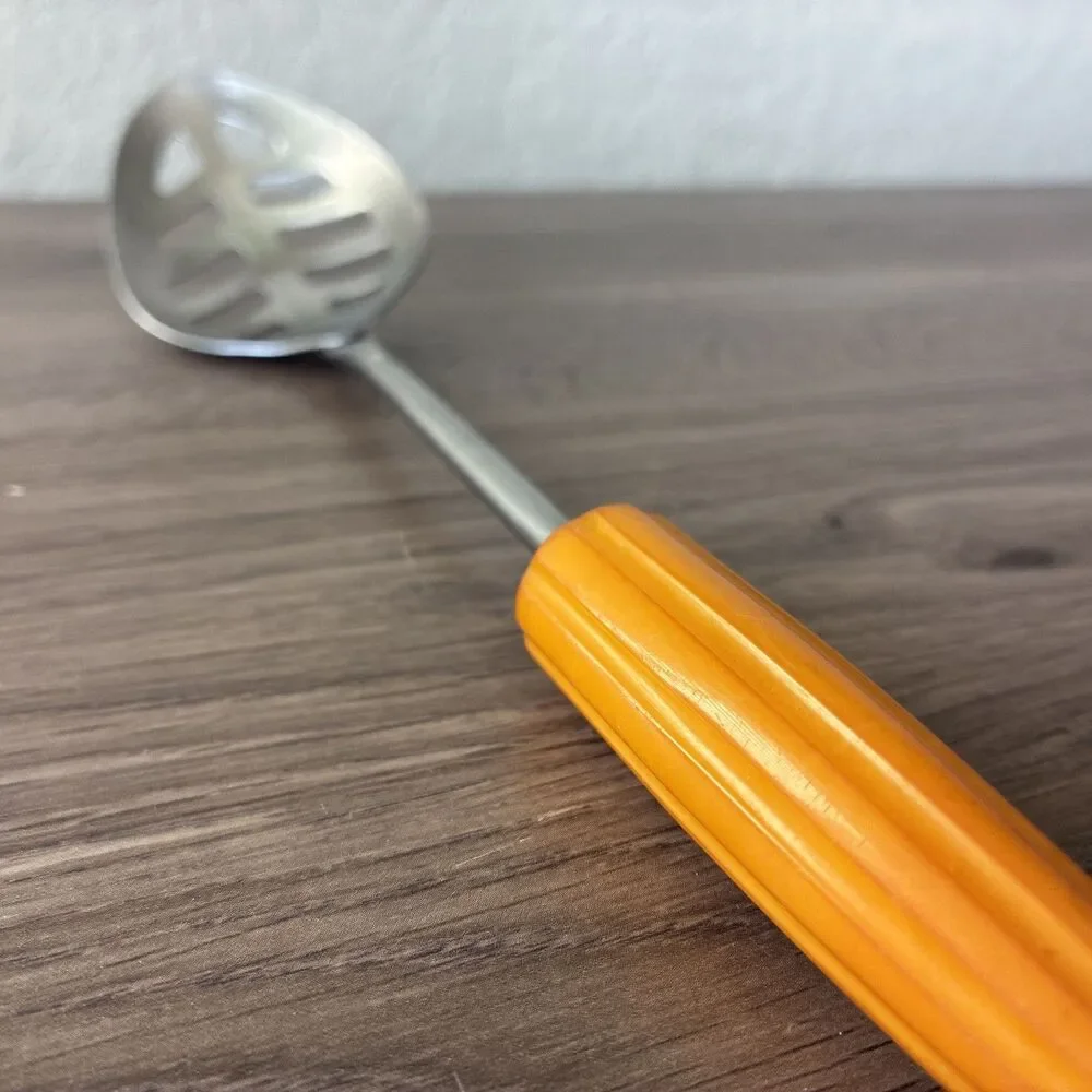 Vtg Androck Slotted Serving Spoon, Catalin Bullet Handle Stainless, USA, 1930s